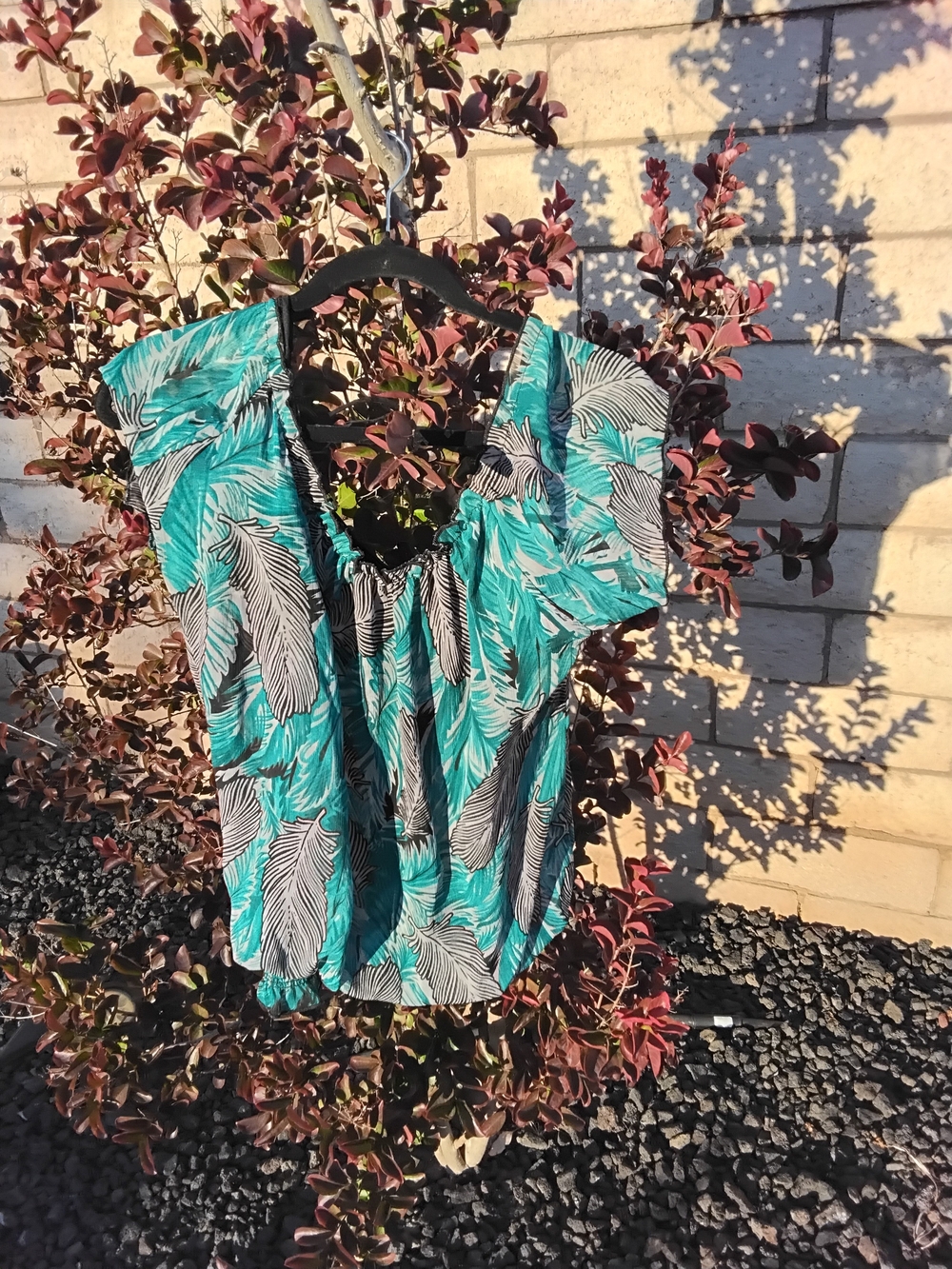 Agenda Teal and Black Feather Print Short Sleeve Blouse